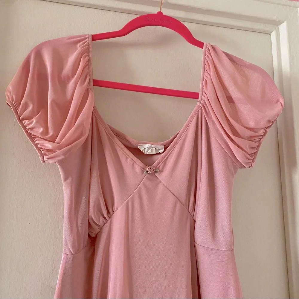 See You Monday Pink Mini Dress w Sheer Sleeves, Mesh Overlay and Rosebud Detail - Picture 3 of 5